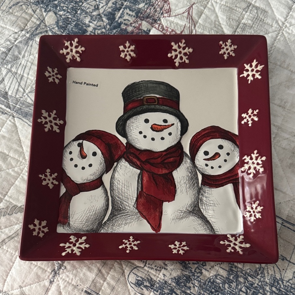 st. nicholas square Snowman Plate with Red Snowflake Border.